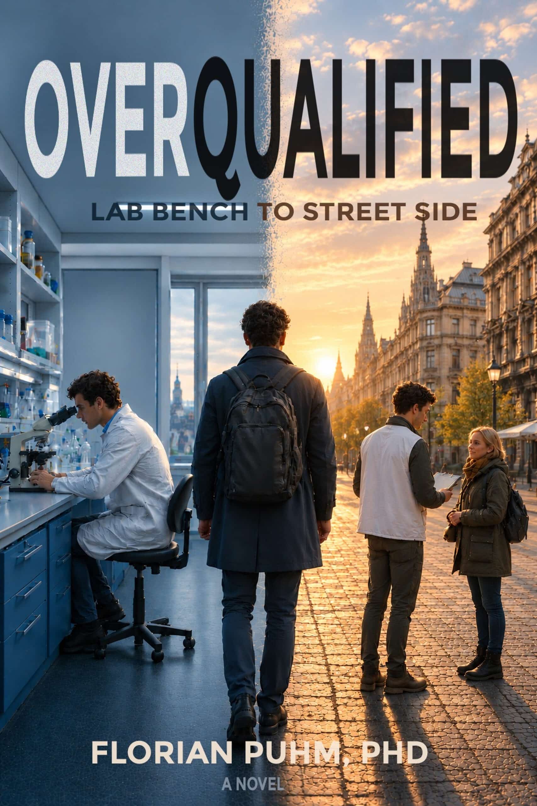 Book cover art for Overqualified - Lab Bench to Street Side, a contemporary academic satire novel by Florian Puhm. A story about life after academia.